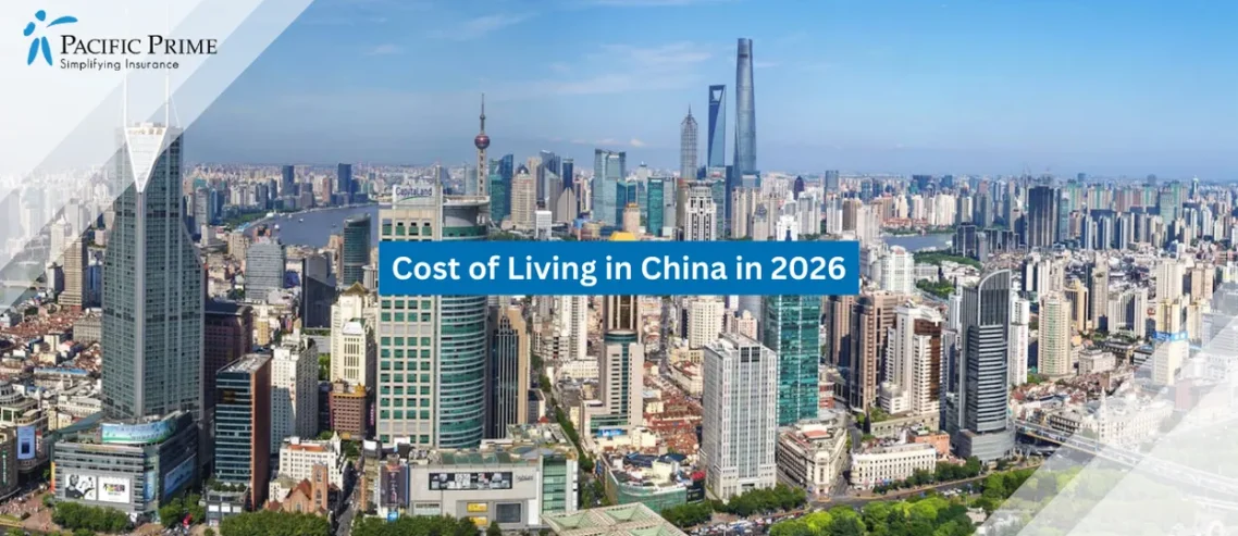 Image of Aerial View Of Shanghai’s Dense Urban Skyline Filled With Modern Concrete Towers with text overlay of "Cost of Living in China in 2026"