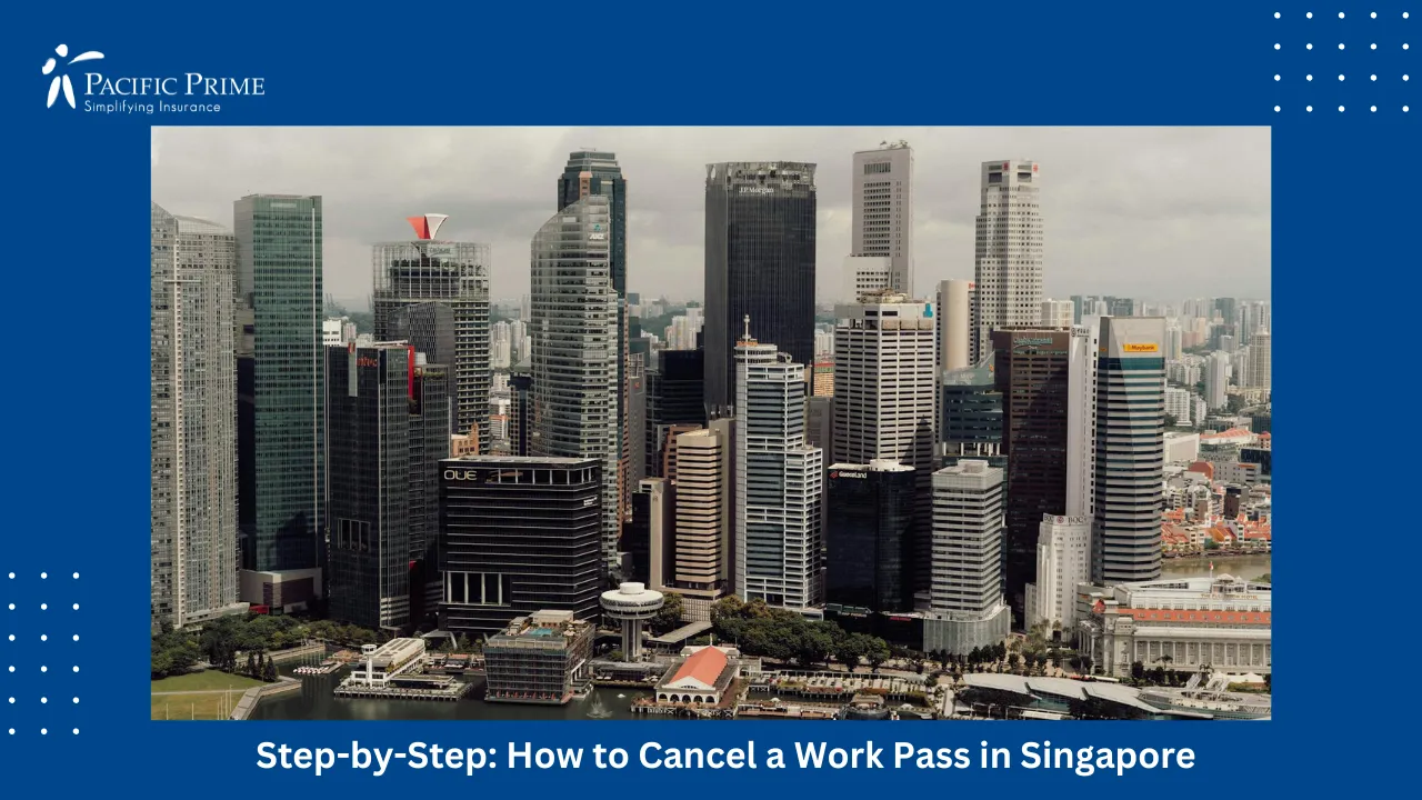 Image of Aerial View Of Singapore Skyline With Skyscrapers And Waterfront with text overlay of "Step-by-Step: How to Cancel a Work Pass in Singapore"