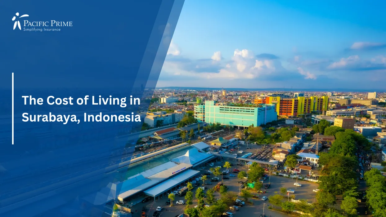 Image of Aerial View Of Surabaya Rail Hub And Surrounding Urban Streetscape with text overlay of "The Cost of Living in Surabaya, Indonesia"