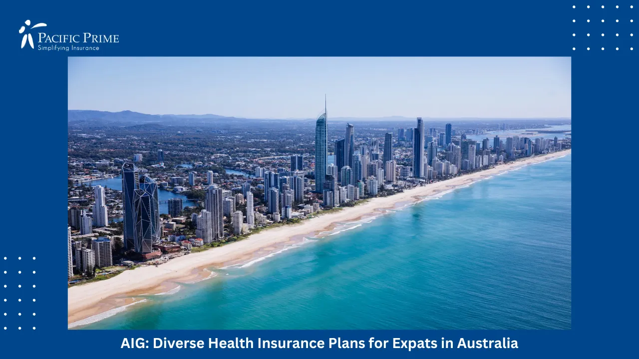 Image of Aerial View Of Surfers Paradise Beach And High-rise Skyline In Queensland with text overlay of "AIG: Diverse Health Insurance Plans for Expats in Australia"