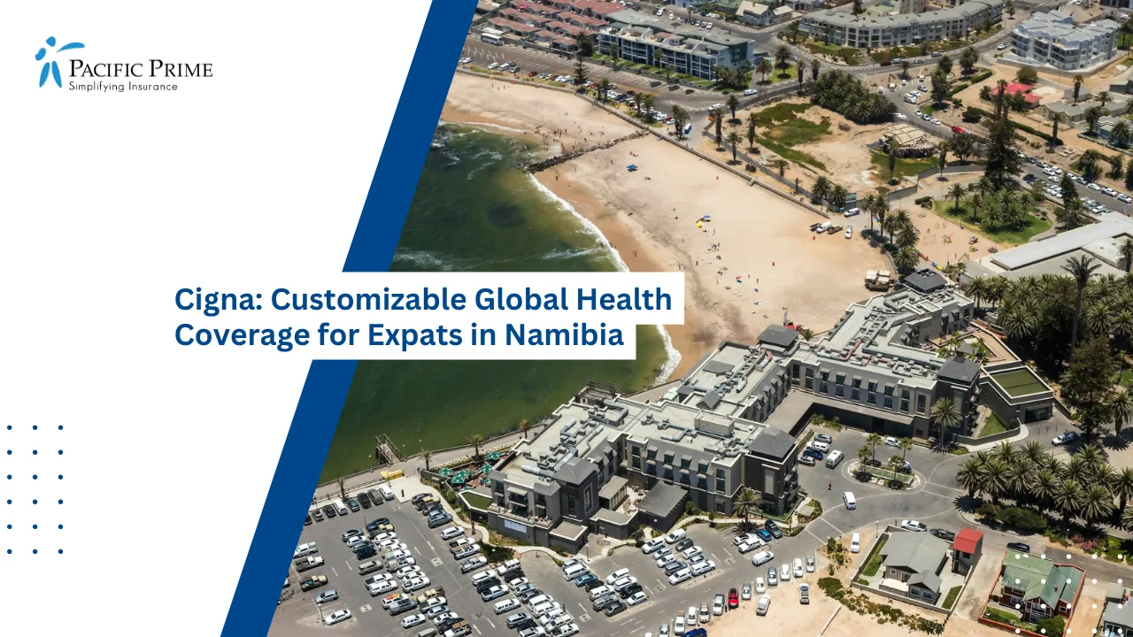 Image of Aerial View Of Swakopmund Cityscape, Namibia with text overlay of "Cigna: Customizable Global Health Coverage for Expats in Namibia"