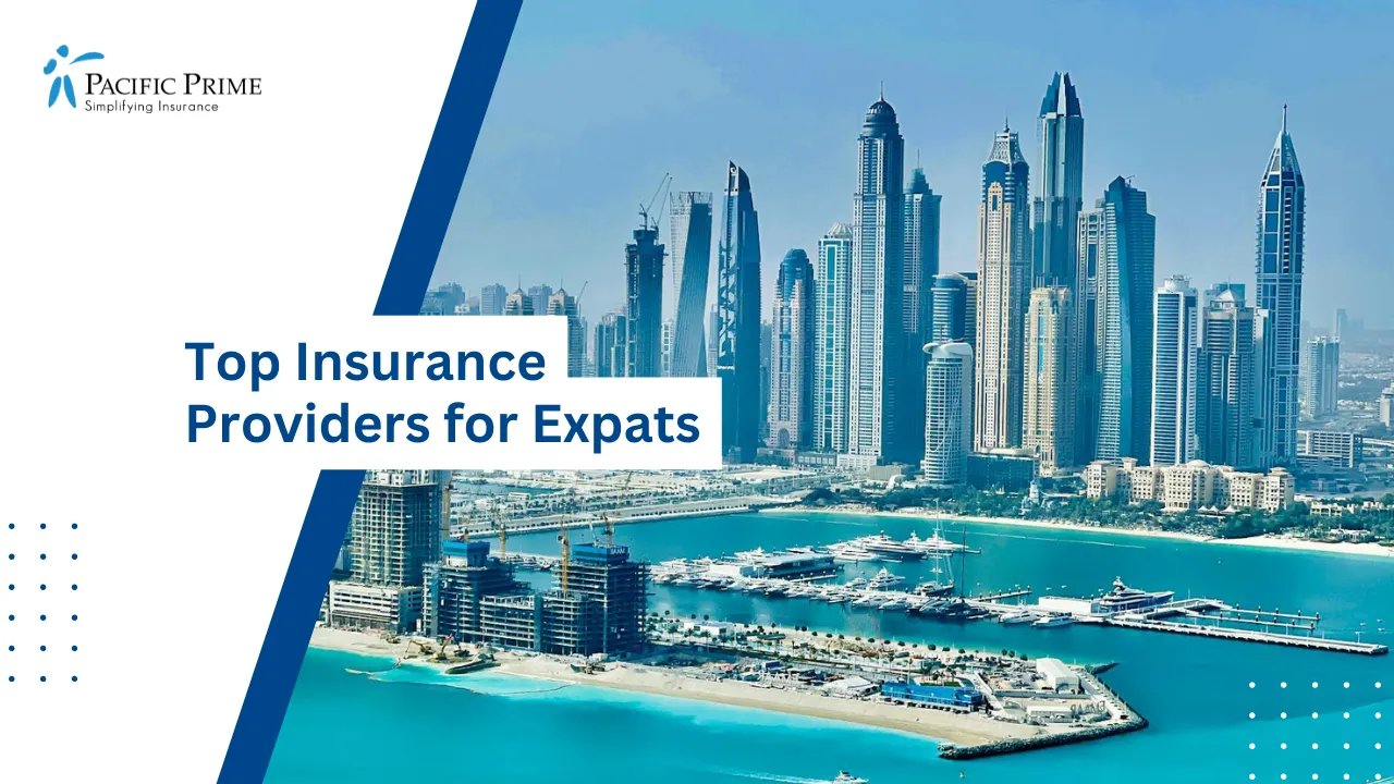 Image of Aerial View Of Tall Skyscrapers In Dubai's Urban Landscape with text overlay of "Top Insurance Providers for Expats"
