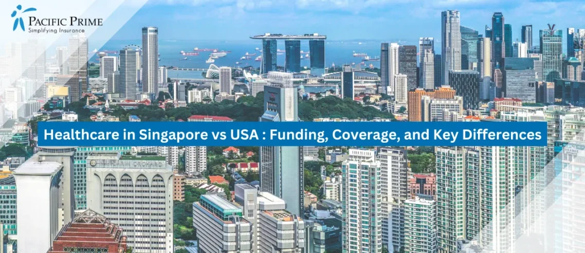 Image of Aerial View Of Tall Skyscrapers In Singapore with text overlay of "Healthcare in Singapore vs USA : Funding, Coverage, and Key Differences"