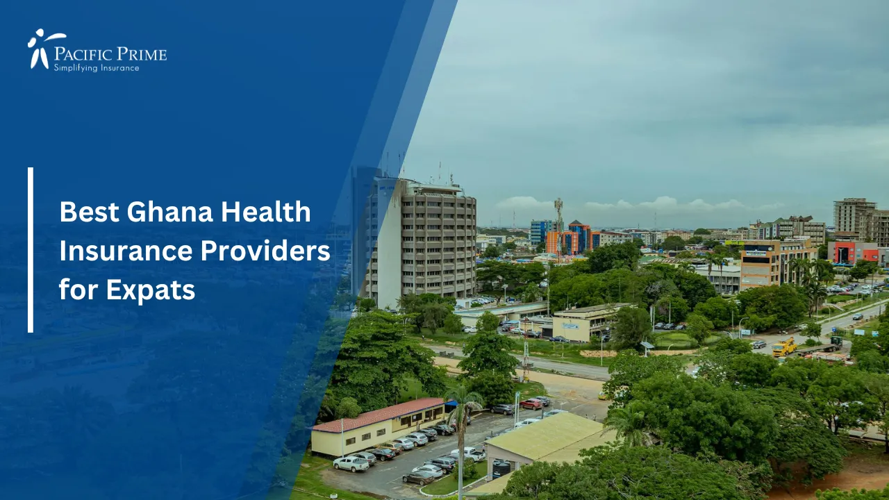 Image of Aerial View Of Tema Cityscape In Greater Accra, Ghana with text overlay of "Best Ghana Health Insurance Providers for Expats"