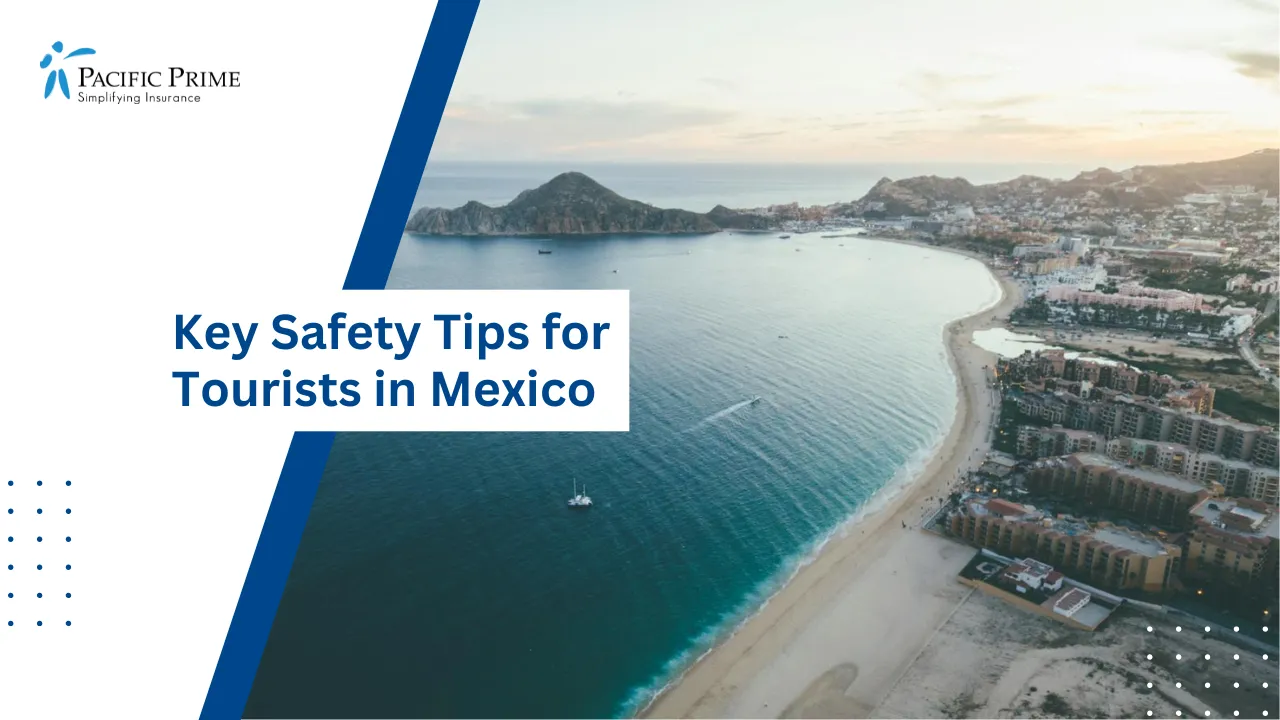 Image of Aerial View Of The Coastline In Cabo San Lucas, Mexico with text overlay of "Key Safety Tips for Tourists in Mexico"