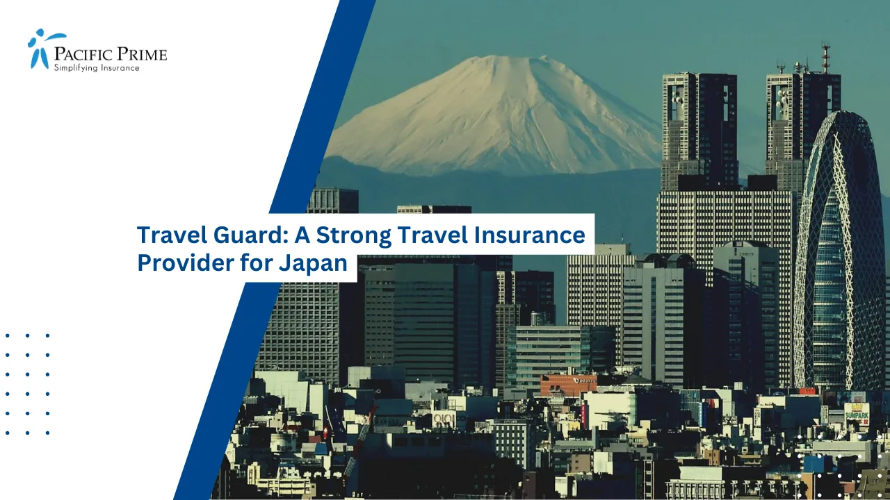 Image of Aerial View Of Tokyo’s Dense Cityscape With High-rise Buildings Stretching Across The Metropolis with text overlay of "Travel Guard: A Strong Travel Insurance Provider for Japan"