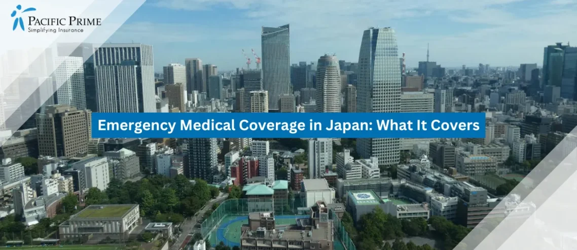 Image of Aerial View Of Tokyo’s Modern Skyline Under A Clear Blue Sky with text overlay of "Emergency Medical Coverage in Japan: What It Covers"
