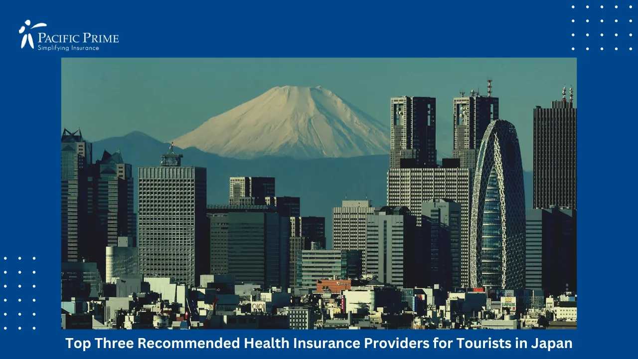 Image of Aerial View Of Tokyo’s Sprawling Metropolitan Skyline with text overlay of "Top Three Recommended Health Insurance Providers for Tourists in Japan"