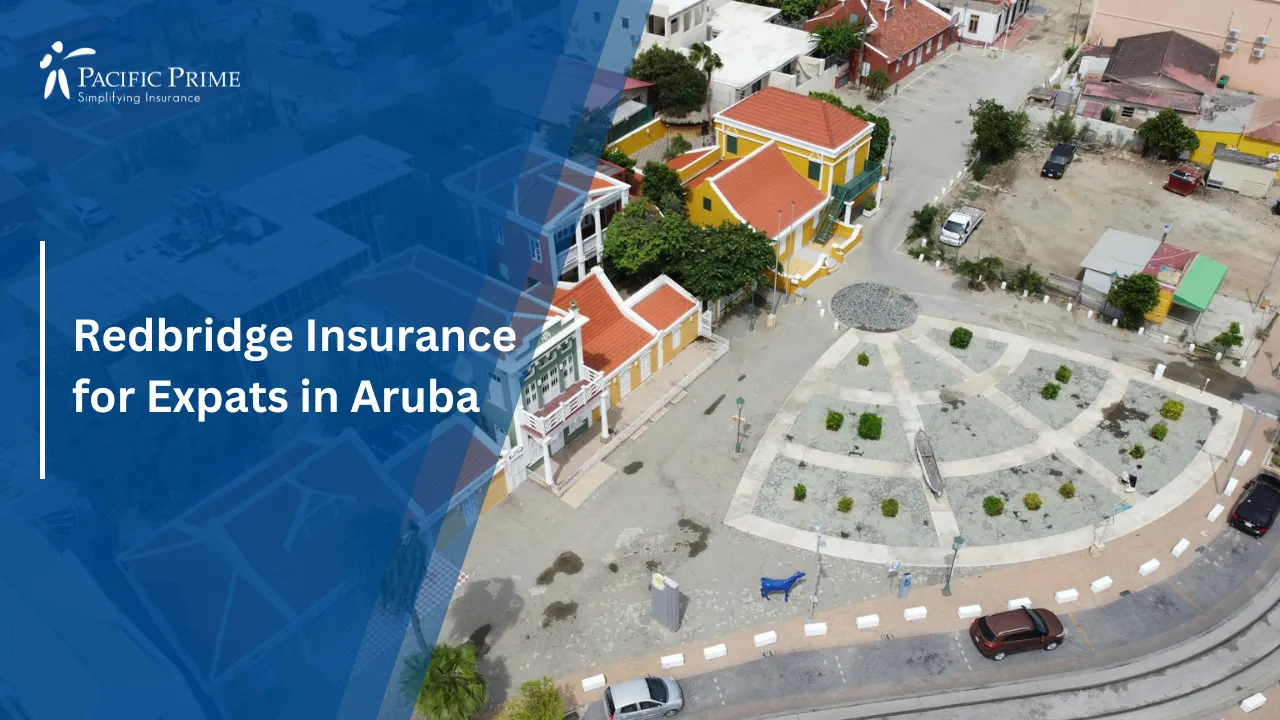 Image of Aerial View Of Town With Clock Tower In Oranjestad, Aruba with text overlay of "Redbridge Insurance for Expats in Aruba"