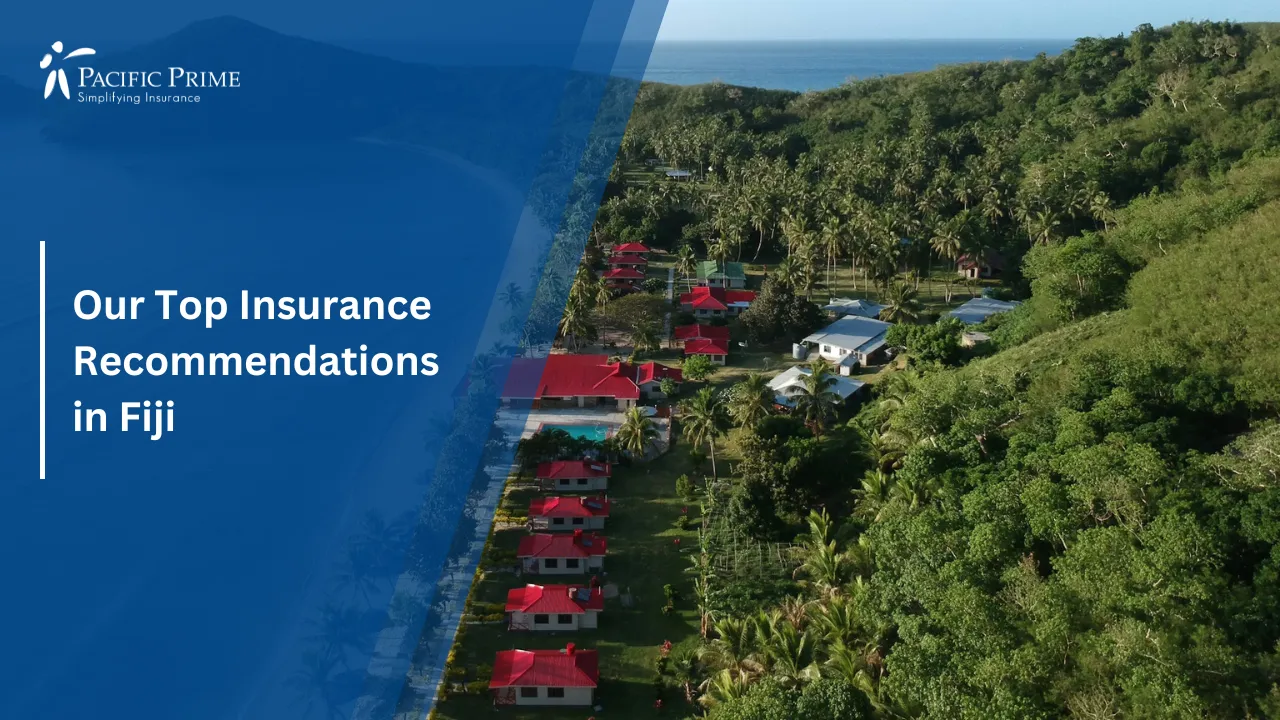 Image of Aerial View Of Tropical Greenery And Coastline In Fiji with text overlay of "Our Top Insurance Recommendations in Fiji"