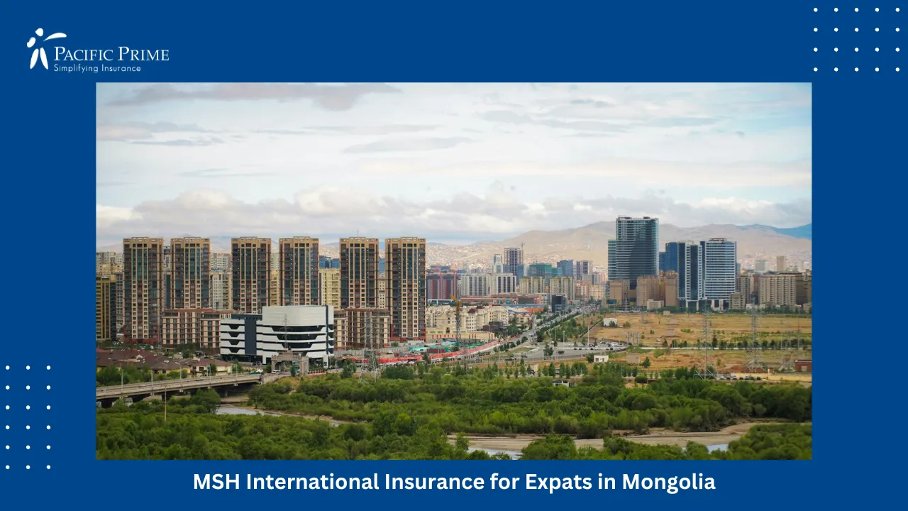 Image of Aerial View Of Ulaanbaatar Skyline And Surroundings with text overlay of "MSH International Insurance for Expats in Mongolia"