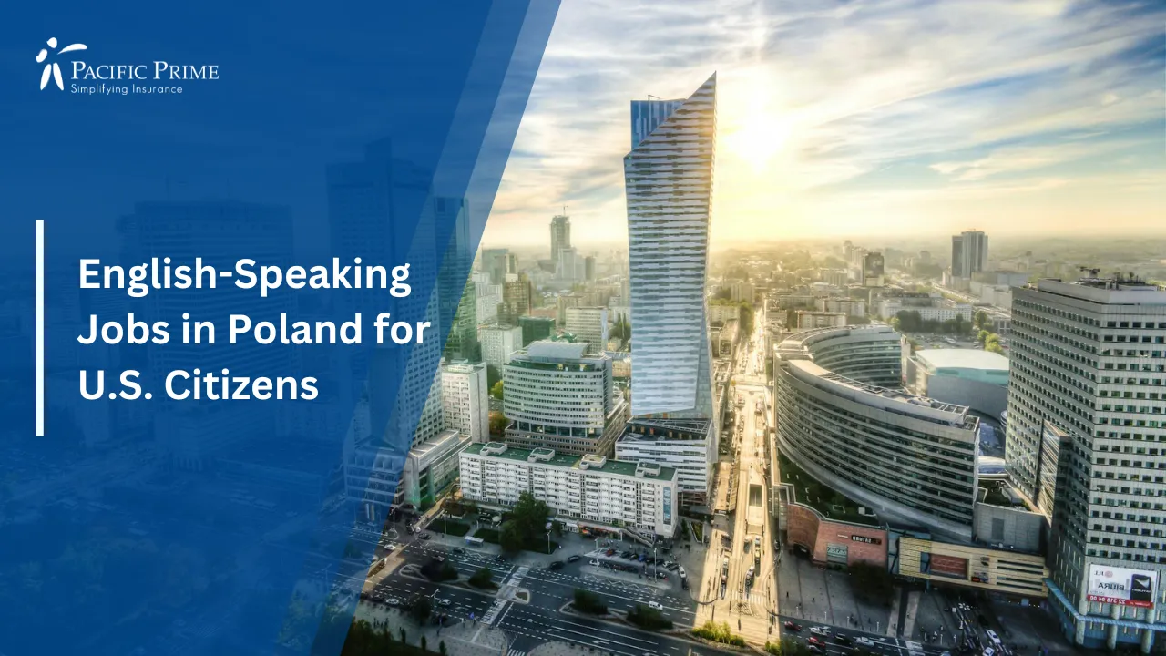 Image of Aerial View Of Warsaw Skyline At Sunset With Modern City Buildings with text overlay of "English-Speaking Jobs in Poland for U.S. Citizens"