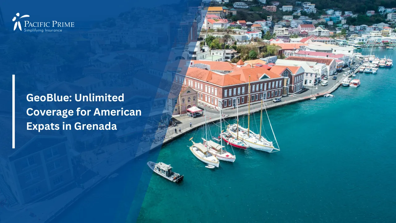 Image of Aerial View Of Waterfront City At Saint George's Harbour Grenada with text overlay of "GeoBlue: Unlimited Coverage for American Expats in Grenada"