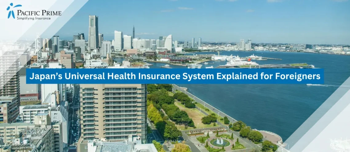 Image of Aerial View Of Yokohama Harbor With City Skyline with text overlay of "Japan’s Universal Health Insurance System Explained for Foreigners"