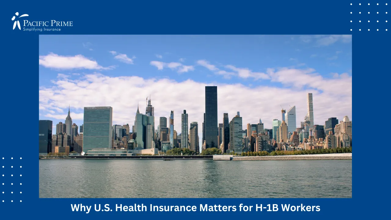 Image of Afternoon View Of Manhattan Skyline From East River, New York City with text overlay of "Why U.S. Health Insurance Matters for H-1B Workers"