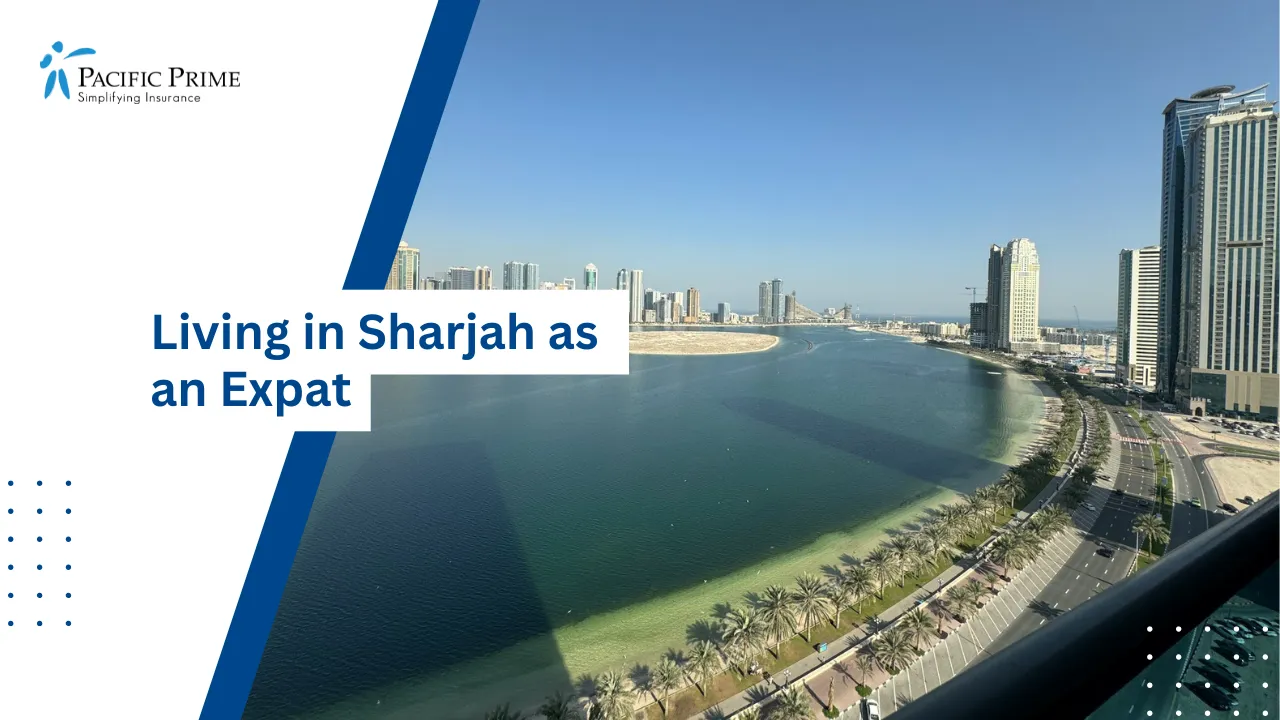 Image of Al Majaz Waterfront With High-rise Buildings In Sharjah with text overlay of "Living in Sharjah as an Expat"