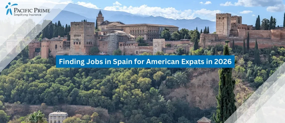 Image of Alhambra And Generalife Gardens Along Paseo Del Generalife In Granada Spain with text overlay of "Finding Jobs in Spain for American Expats in 2026"