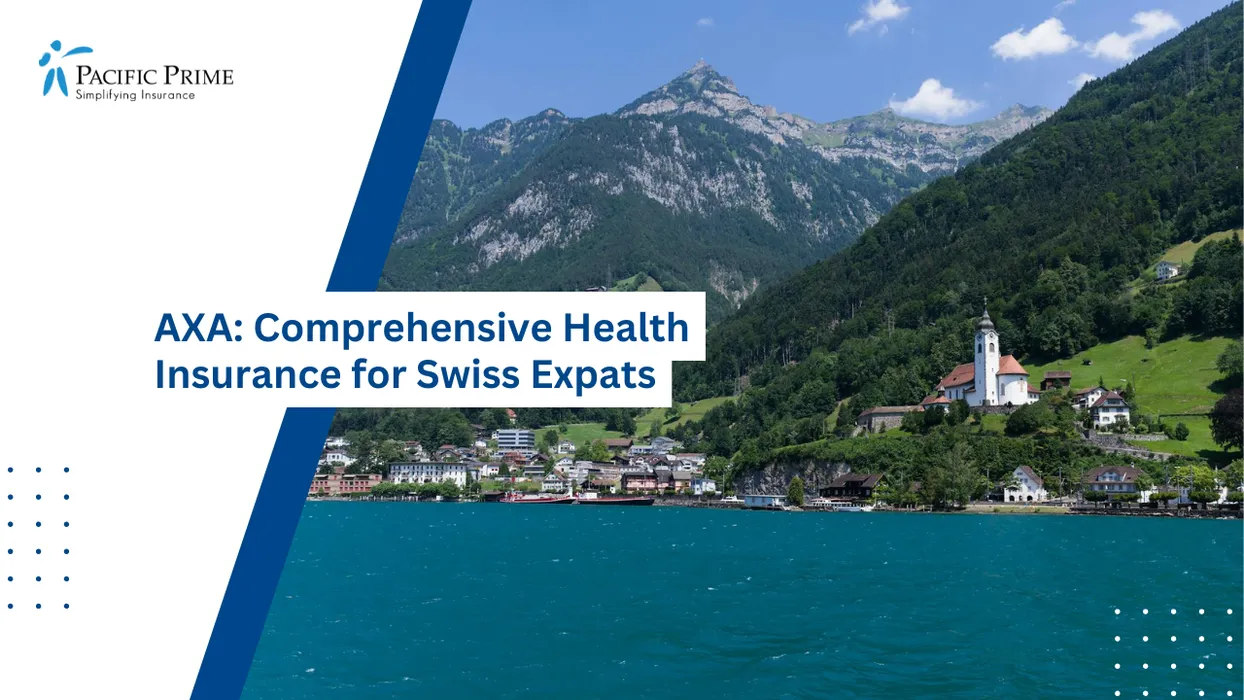Image of Alpine Lake And Mountain Panorama From Seelisberg With Lush Green Slopes with text overlay of "AXA: Comprehensive Health Insurance for Swiss Expats"