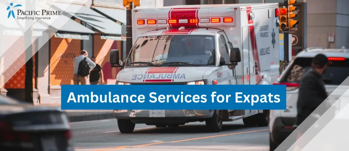 Image of Ambulance Driving Down A Busy City Street with text overlay of "Ambulance Services for Expats"