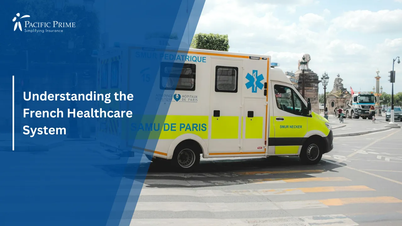 Image of Ambulance Driving Through A Sunny Street In Paris, France with text overlay of "Understanding the French Healthcare System"