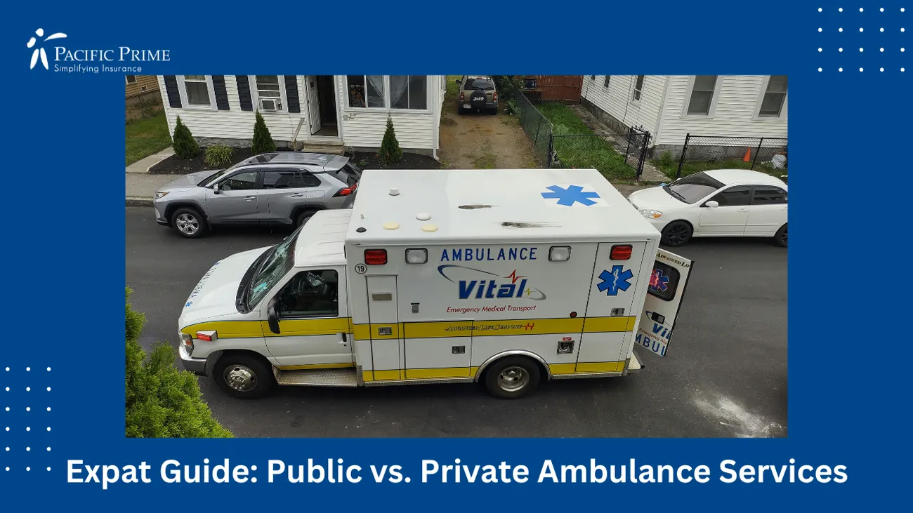 Image of Ambulance Parked On The Roadside with text overlay of "Expat Guide: Public vs. Private Ambulance Services"