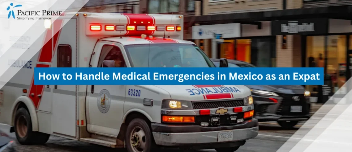 Image of Ambulance With Flashing Lights Responding To An Emergency At Night with text overlay of "How to Handle Medical Emergencies in Mexico as an Expat"