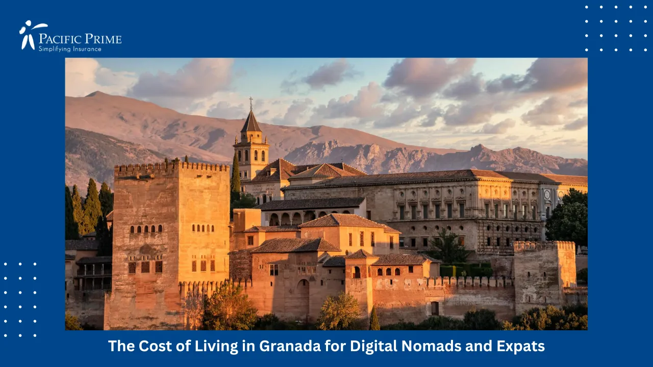 Image of Ancient Fortress On Mountain At Sunset In Granada with text overlay of "The Cost of Living in Granada for Digital Nomads and Expats"