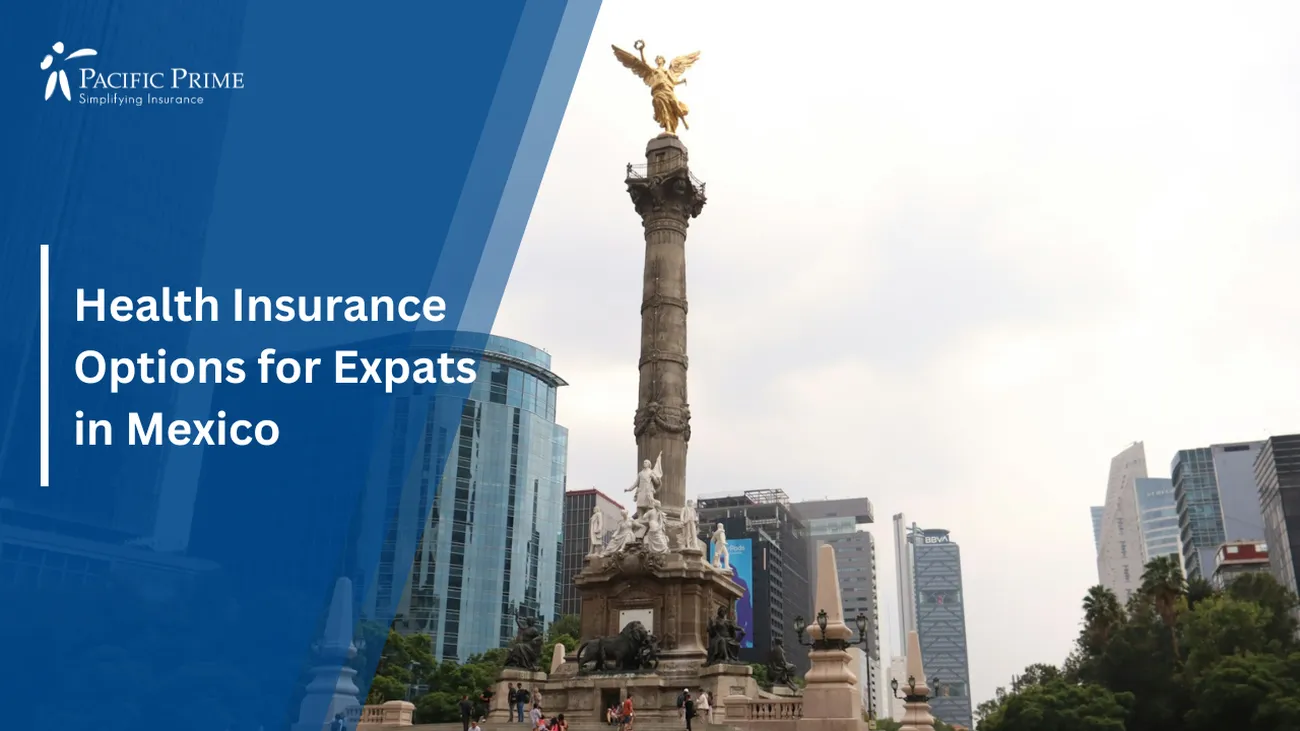 Image of Angel Of Independence Monument In Mexico City with text overlay of "Health Insurance Options for Expats in Mexico"
