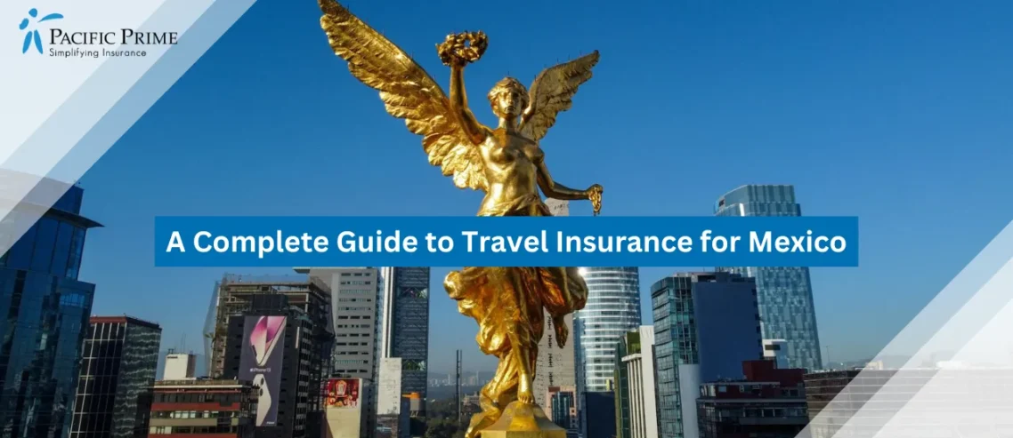 Image of Angel Of Independence Monument On Reforma Avenue In Mexico City with text overlay of "A Complete Guide to Travel Insurance for Mexico"