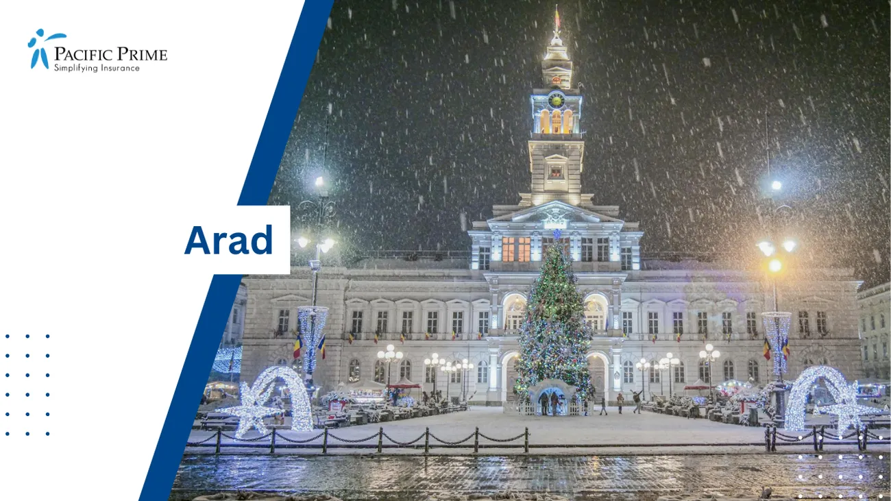 Image of Arad City Hall With Festive Decor On A Snowy Night with text overlay of "Arad"