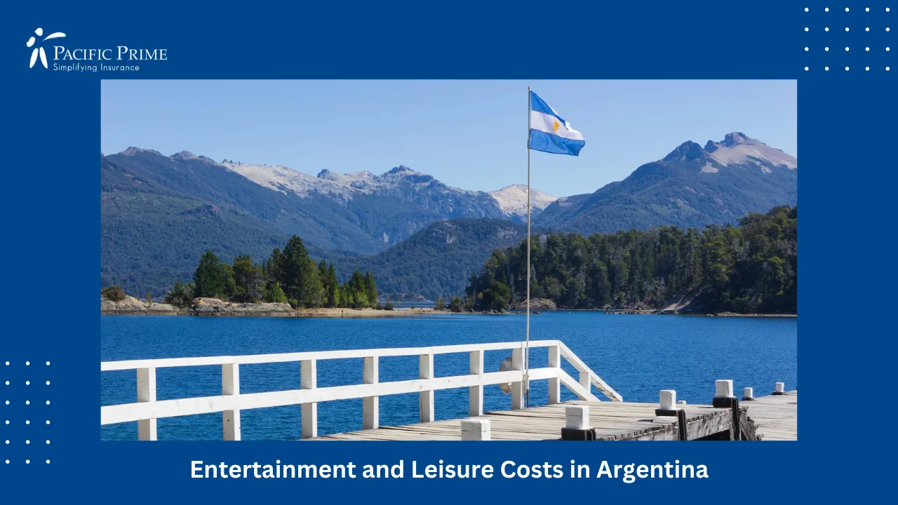Image of Argentinian flag on dock by lake in Bariloche, Río Negro, Argentina with text overlay of "Entertainment and Leisure Costs in Argentina"