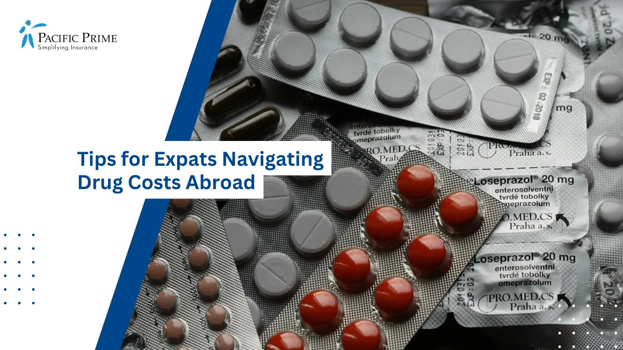 Image of Assorted Pills In Blister Packs Close-up with text overlay of "Tips for Expats Navigating Drug Costs Abroad"