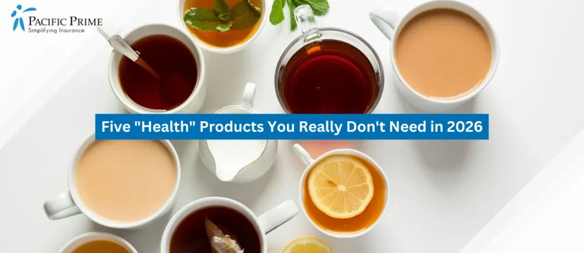 Image of Assorted Teas Served In Cups Beside A Classic Teapot with text overlay of "Five "Health" Products You Really Don't Need in 2026"