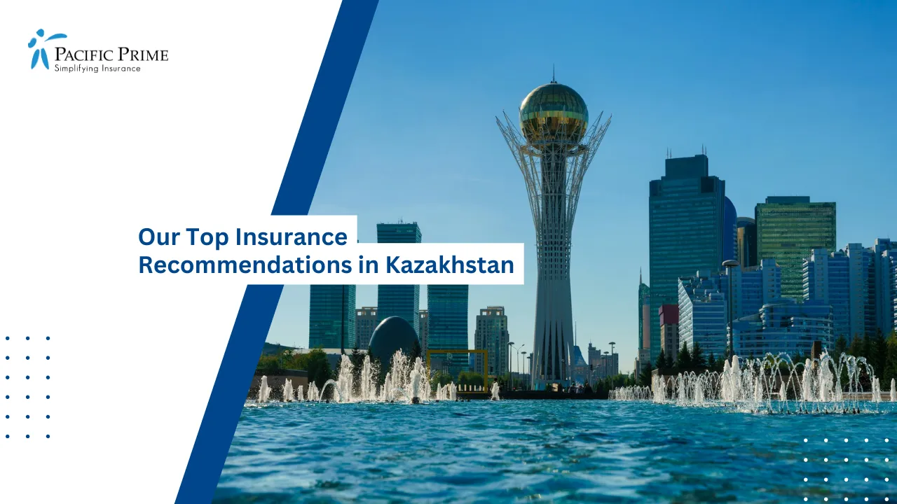 Image of Astana City Skyline With Central Square Fountain with text overlay of "Our Top Insurance Recommendations in Kazakhstan"