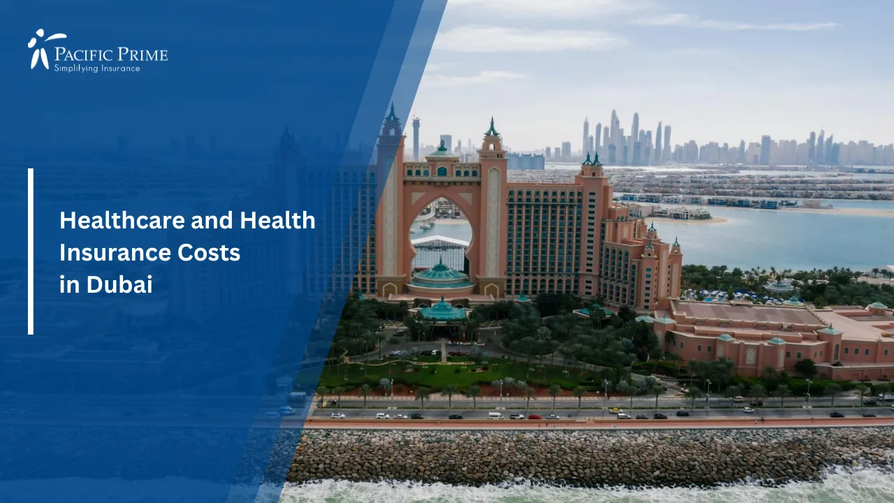 Image of Atlantis Hotel On The Shoreline With Turquoise Waters In Dubai with text overlay of "Healthcare and Health Insurance Costs in Dubai"