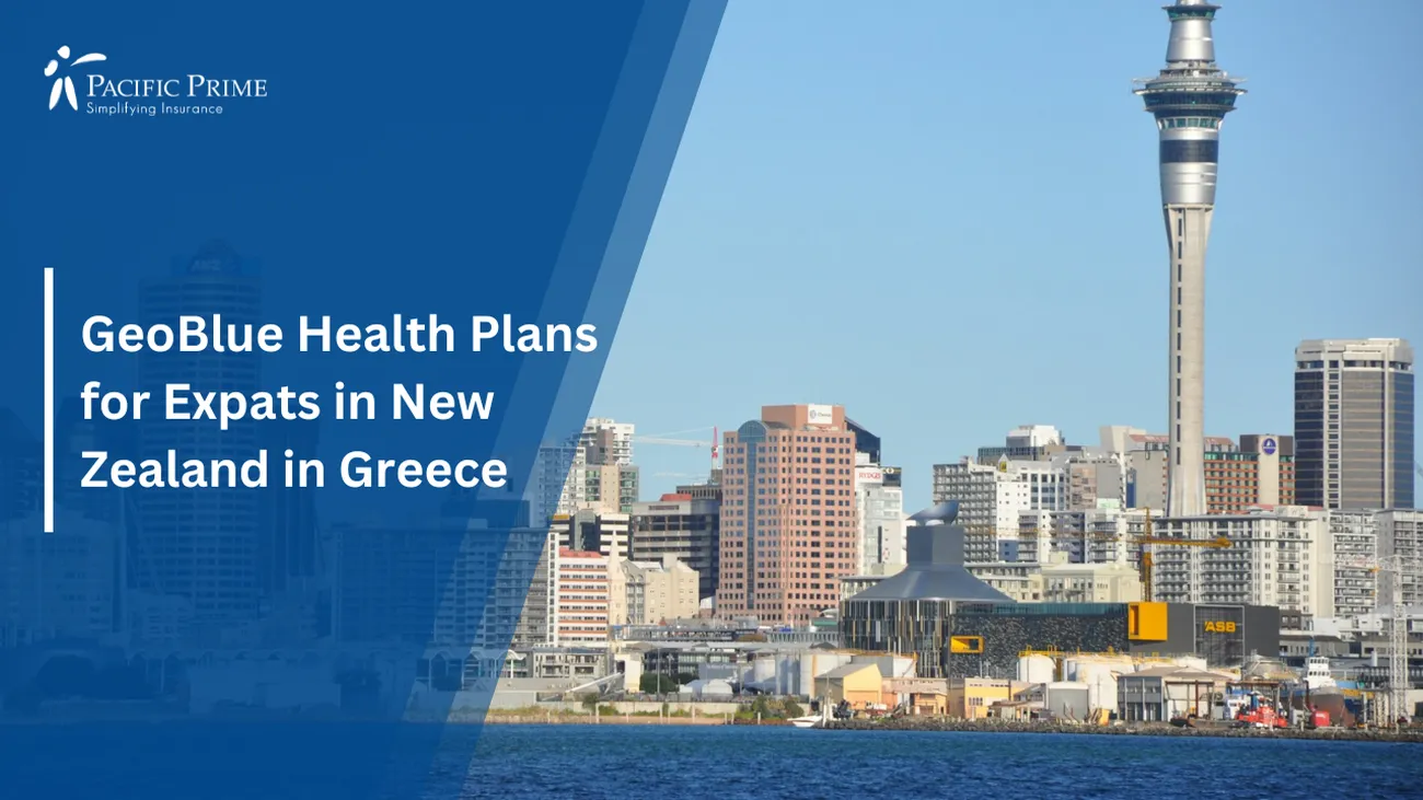 Image of Auckland CBD Skyline Across Water From North Shore On A Sunny Daytime with text overlay of "GeoBlue Health Plans for Expats in New Zealand"