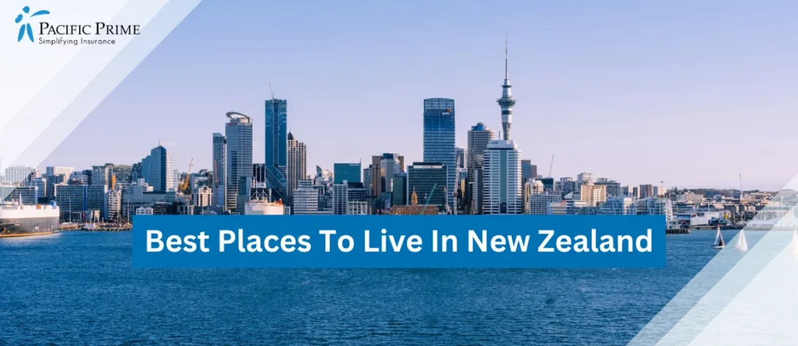 Image of Auckland City Skyline Reflected On The Water On A Clear Day with text overlay of "Best Places To Live In New Zealand"