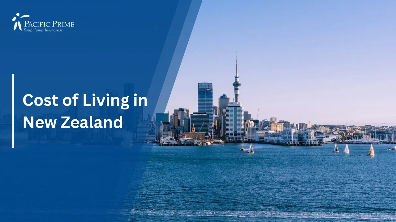 Image of Auckland City Skyline Reflected On Water Under Clear Daytime Sky with text overlay of "Cost of Living in New Zealand"