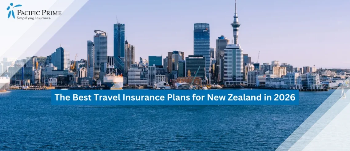Image of Auckland Skyline Across Harbour Under Clear Skies, New Zealand Coastline View with text overlay of "The Best Travel Insurance Plans for New Zealand in 2026"