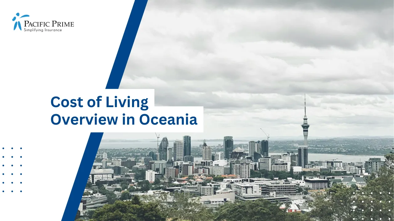 Image of Auckland Skyline Featuring Sky Tower And Coastal Ocean View with text overlay of "Cost of Living Overview in Oceania"
