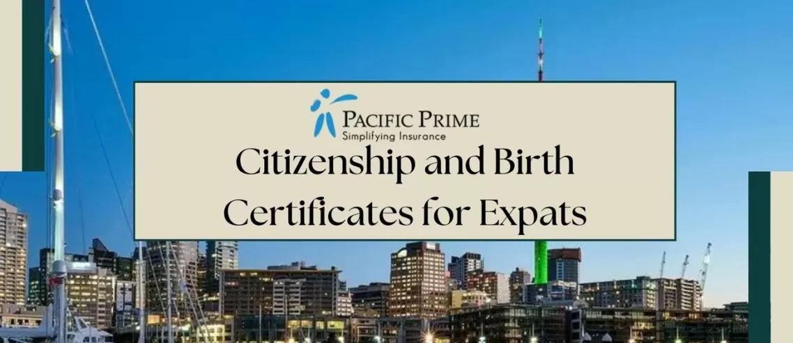 Image of Auckland Skyline New Zealand At Night with text overlay of "Citizenship and Birth Certificates for Expats"