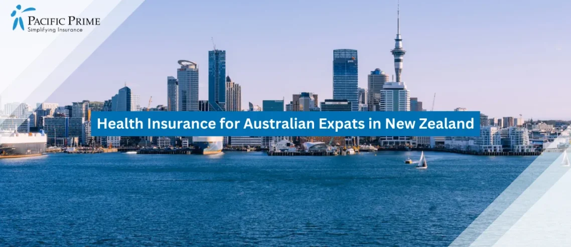 Image of Auckland Skyline Viewed Across The Water On A Clear Day with text overlay of "Health Insurance for Australian Expats in New Zealand"
