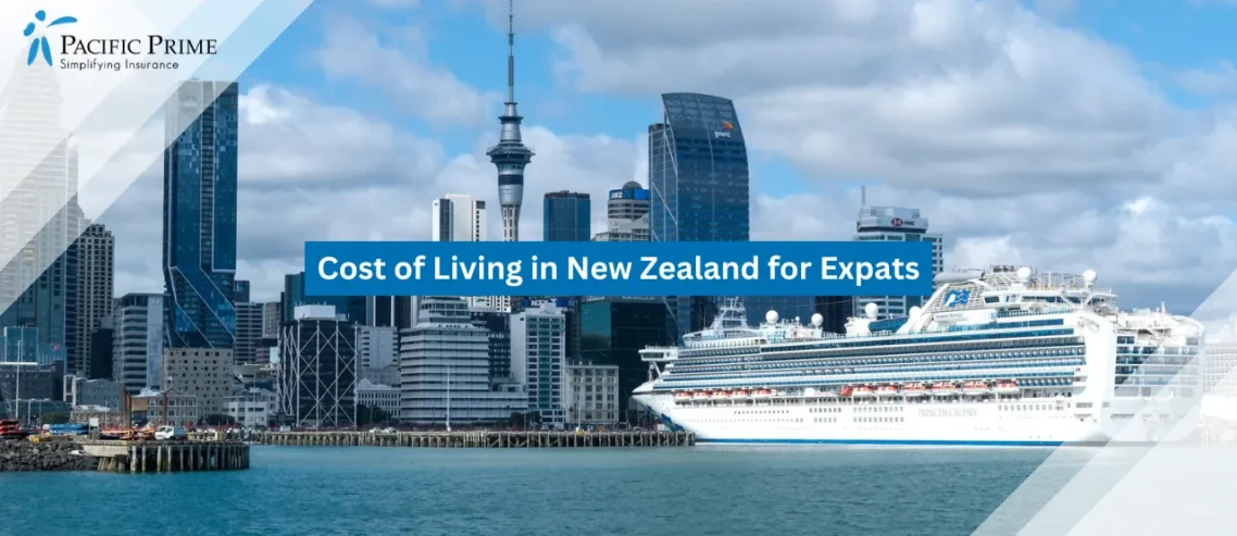 Image of Auckland Skyline With Harbor Views And A Cruise Ship Docked At The Waterfront with text overlay of "Cost of Living in New Zealand for Expats"