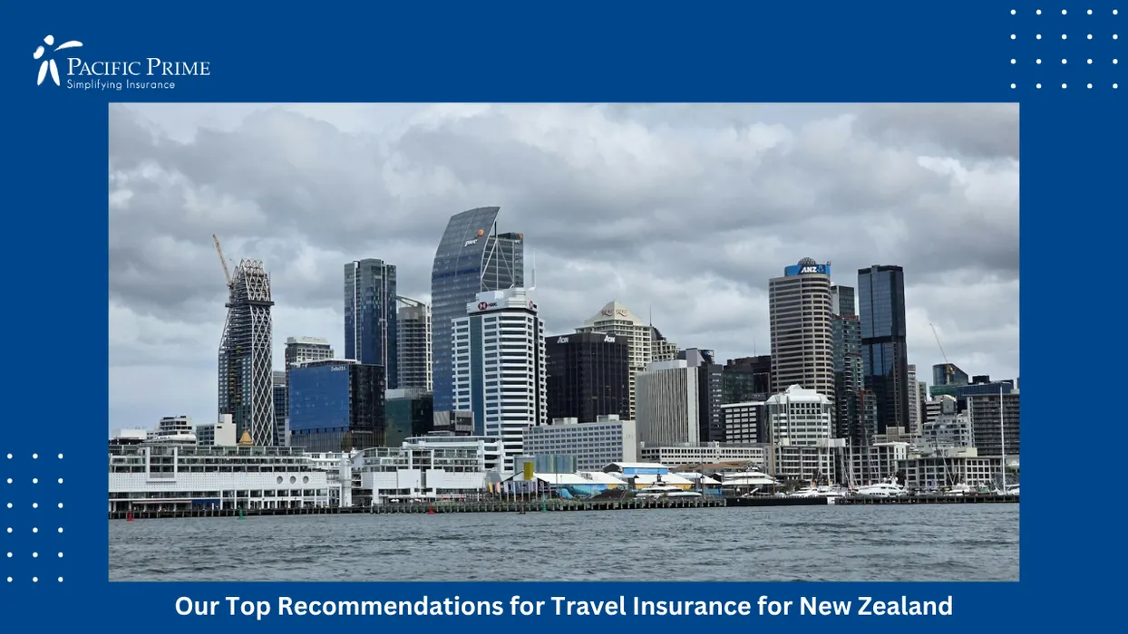 Image of Auckland Waterfront Skyline With Contemporary Buildings Along The Harbour Shore with text overlay of "Our Top Recommendations for Travel Insurance for New Zealand"