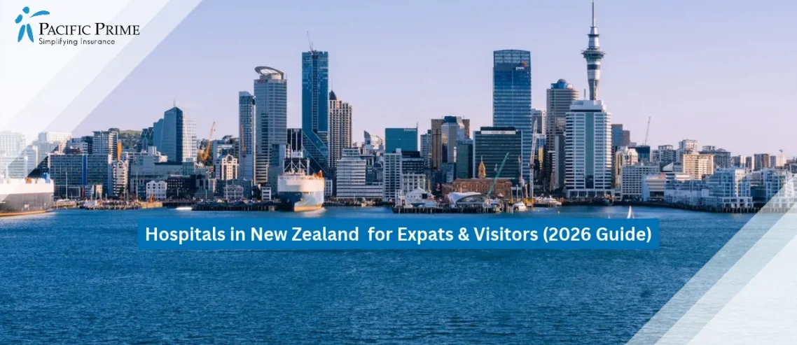 Image of Auckland’s Skyline Under A Clear Blue Sky with text overlay of "Hospitals in New Zealand for Expats & Visitors (2026 Guide)"