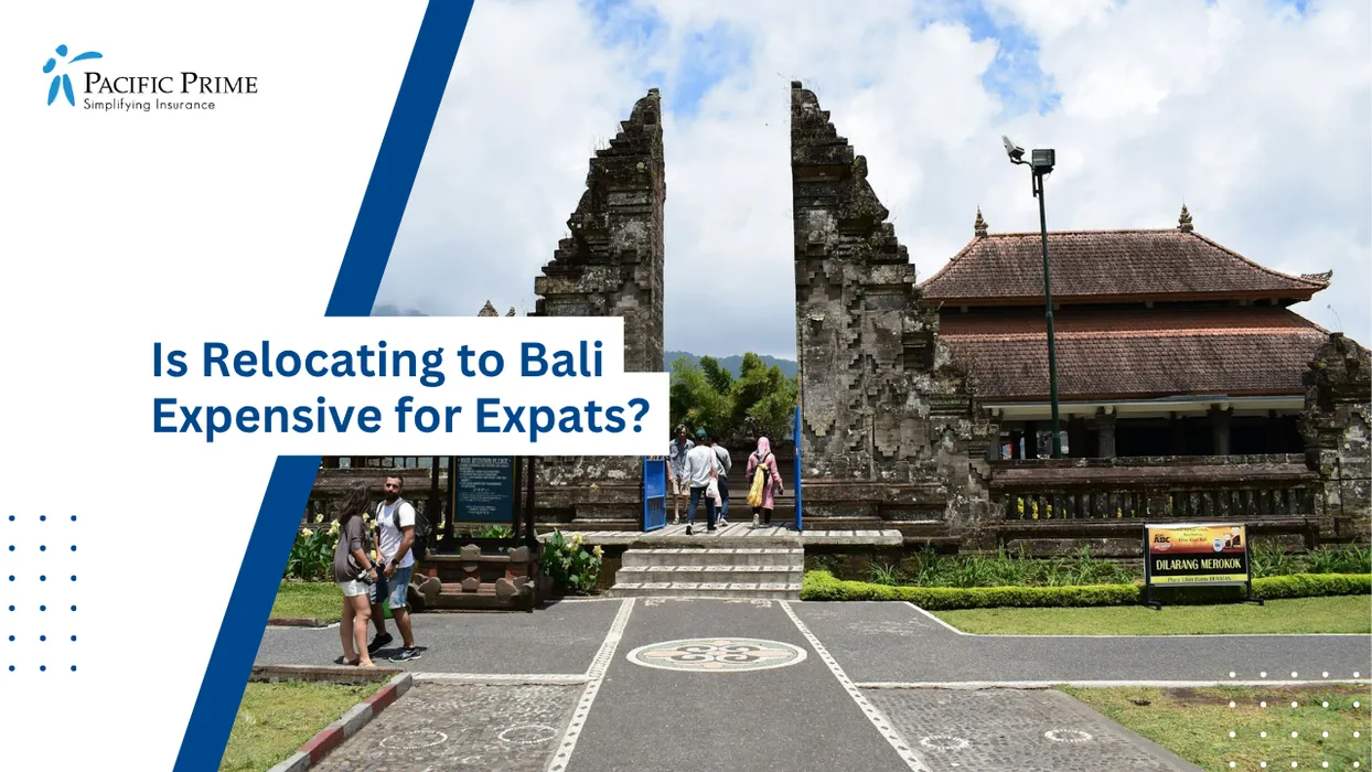 Image of Bali Lakeside Temple At Beratan Lake Amid Mist-covered Mountain Backdrop with text overlay of "Is Relocating to Bali Expensive for Expats?"