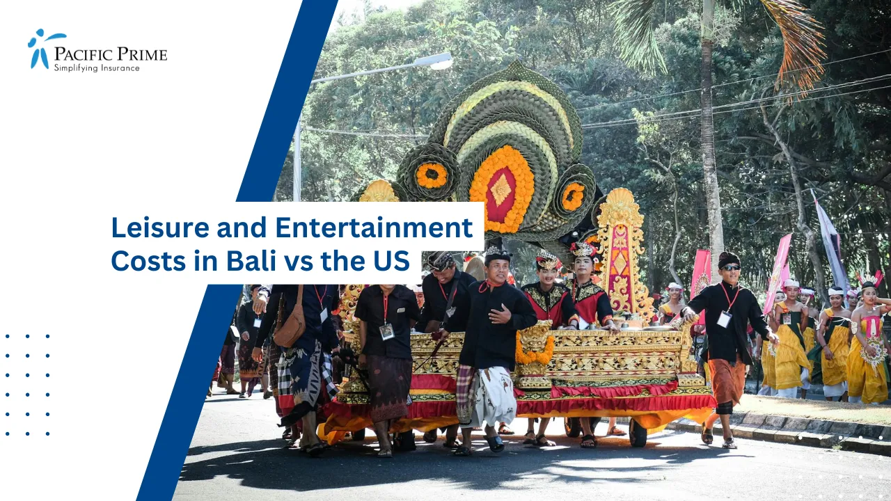 Image of Balinese Parade With Traditional Costumes Under Bright Sunny Skies with text overlay of "Leisure and Entertainment Costs in Bali vs the US"