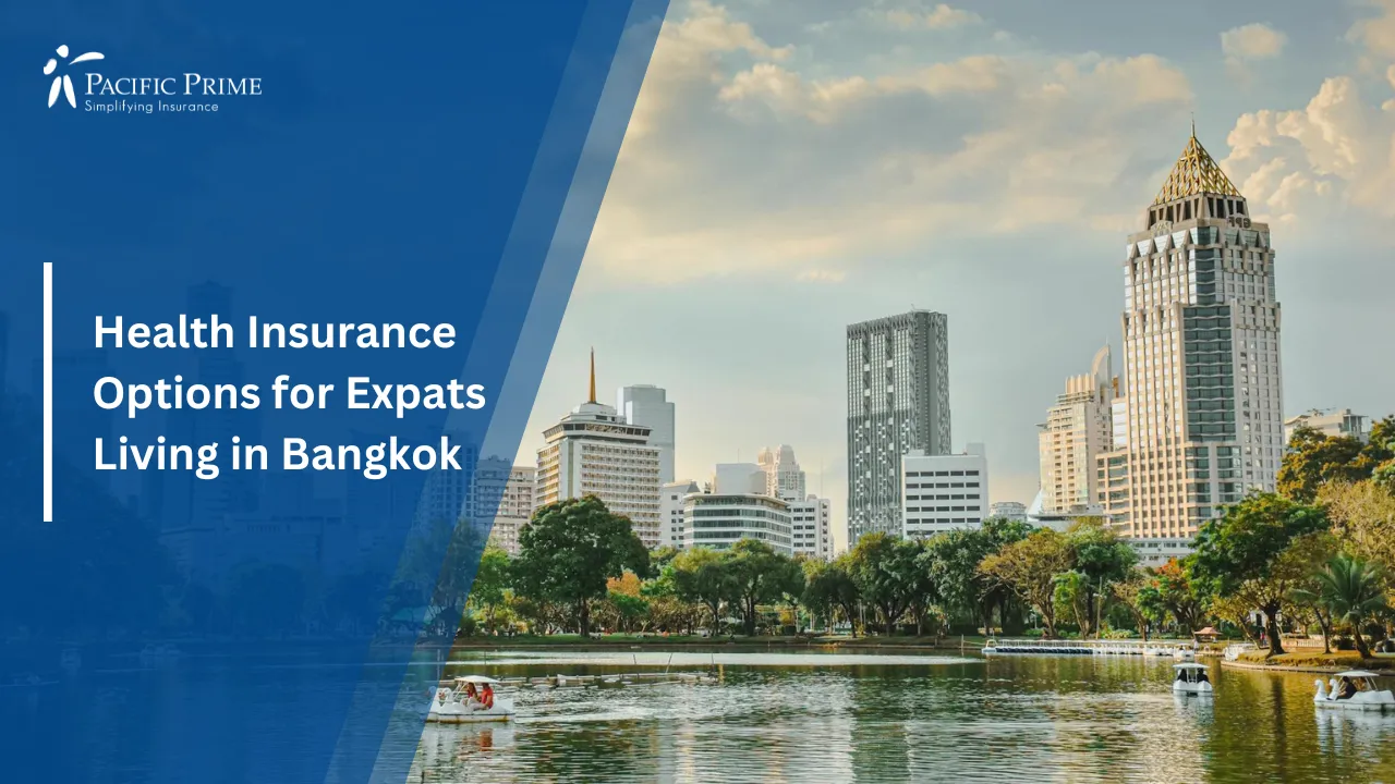 Image of Bangkok City Skyline Mirrored On Lake In Urban Park Setting with text overlay of "Health Insurance Options for Expats Living in Bangkok"