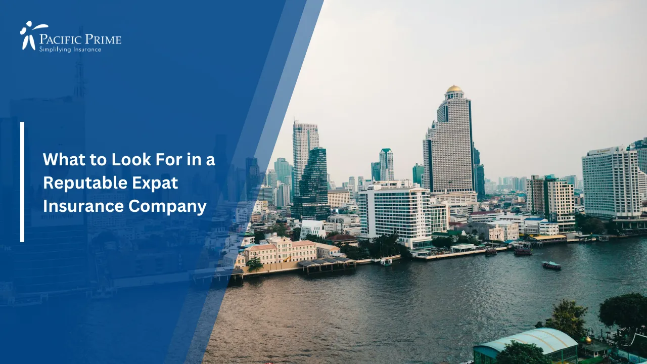 Image of Bangkok Cityscape Along The Chao Phraya River, Thailand with text overlay of "What to Look For in a Reputable Expat Insurance Company"