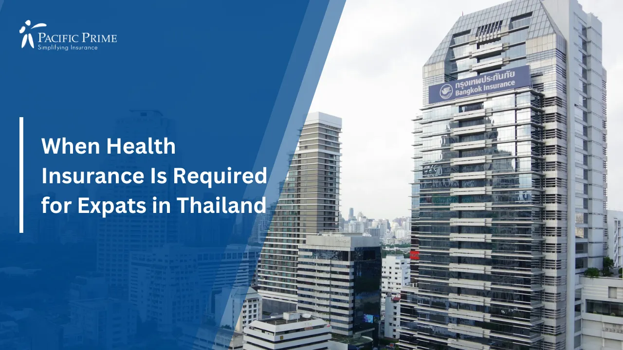 Image of Bangkok Cityscape Featuring Tall Modern Buildings And Urban Skyline with text overlay of When Health Insurance Is Required for Expats in Thailand"